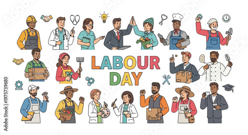 Diverse group of professionals celebrating labour day with various tools
