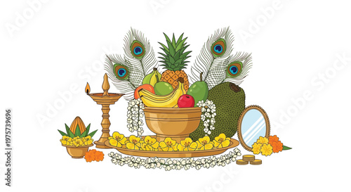 Traditional indian still life with fruits peacock feathers and ritual objects