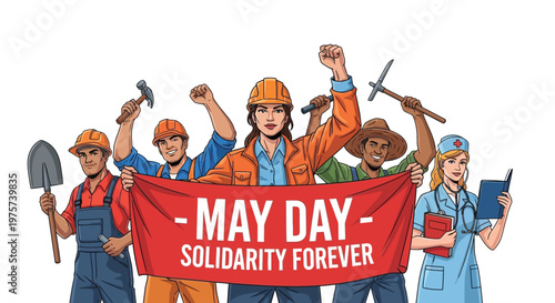 Diverse group of workers celebrating may day with a solidarity banner