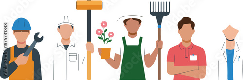 Flat minimalist illustration of five professions including mechanic construction worker gardener retail and medical staff vector design