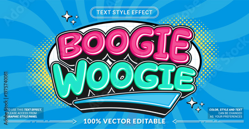 Editable text effect vector “Boogie Woogie” features bold playful 3D lettering with funky retro vibes, vibrant colors, and lively rhythm perfect for music and dance themes.