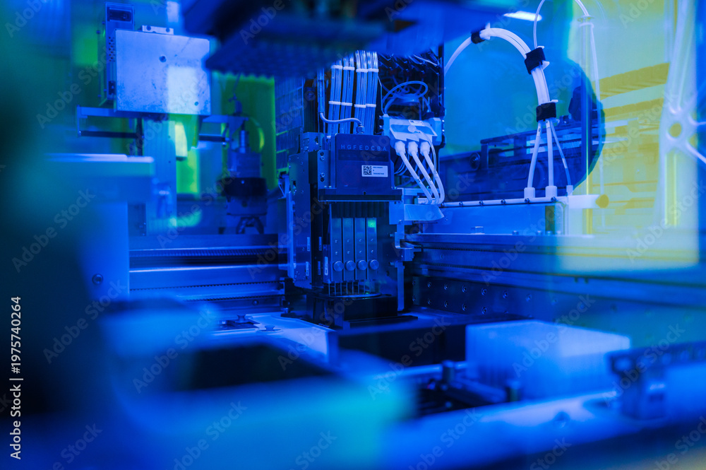 Obraz premium Specialized Microassembly Environment Featuring Robotic Equipment And Lighted Modular Testing Platforms