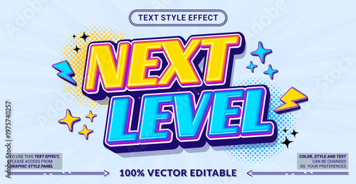 Editable text effect vector “Next Level” features bold 3D futuristic lettering with dynamic energy, perfect for gaming, achievement themes, and high-impact modern visuals.