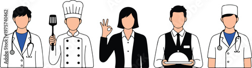 Collection of diverse professional characters including doctor chef businessman waiter and surgeon flat vector illustration isolated on white background