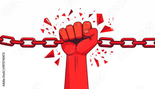 Powerful red fist shatters robust metal chain into fragments, vividly symbolizing the triumph of freedom over oppression, liberation from limitations, and breaking free from restrictive barriers