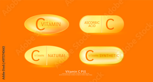 Vitamin C complex pill orange capsule drug. Ascorbic Acid on dark background. For products design supplement food. Medical science. 3D vector.