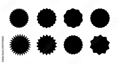 Black circle stickers. Star burst shape tag for price, shops. Wavy edge black promo badges. Vintage flat labels. Blank sale sticker collection, set. Simple silhouette.