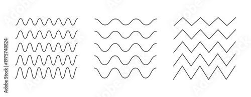 Zigzag and wavy horizontal underline. Waves line vector set. Wave line background. Wavy thin lines collection. Wave ornament pattern. 
