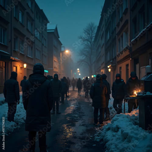 Civilians queuing for water during winter blackout in war-torn city 2026.