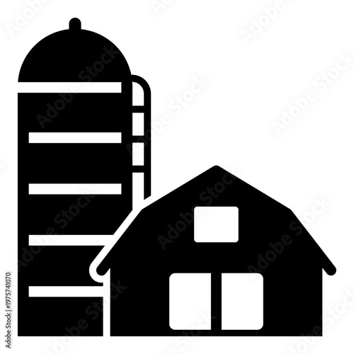 Silo and barn icon, symbolizing farm storage and agricultural buildings. Solid glyph vector for rural industry and food production.