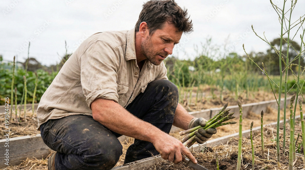 Naklejka premium Man harvesting asparagus in garden during daytime 