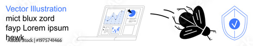 Cybersecurity, data protection, software bugs, internet safety, analytics, secure systems. A laptop with data charts, a bug icon and a shield symbol. Cybersecurity and data protection ideas