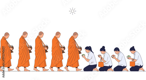 Buddhist monks collecting alms from people kneeling and making offerings.