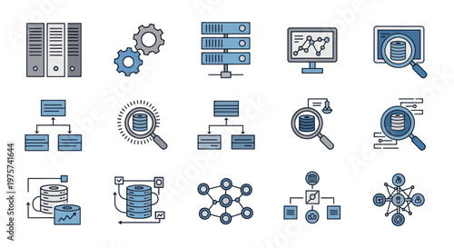Data management, database, and server technology icons set.