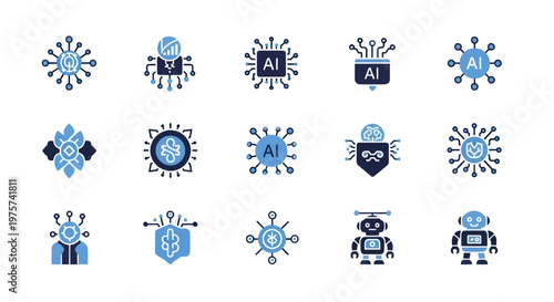 Collection of futuristic tech icons featuring AI and robots