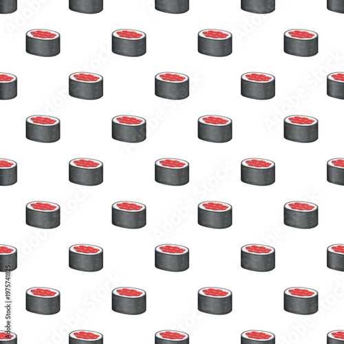 Cartoon style maki sushi rolls with red filling repeating on a white background
