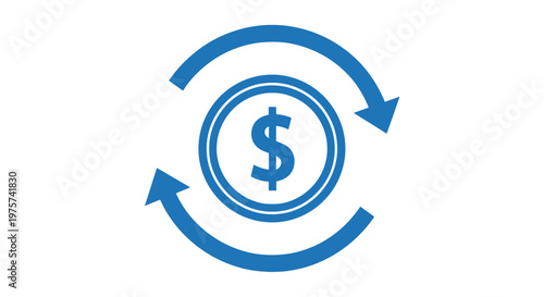 Blue money cash flow icon with dollar coin and circular arrows