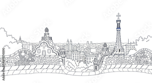 Architectural line art drawing of a modern city skyline and urban park