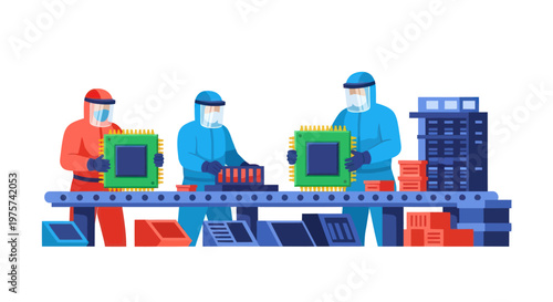 Semiconductor manufacturing process with workers in cleanroom suits assembling microchips.