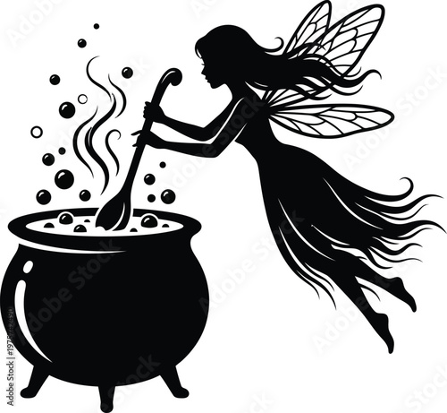 Fairy Stirring Cauldron Silhouette Vector | Magical Fantasy Potion Witch