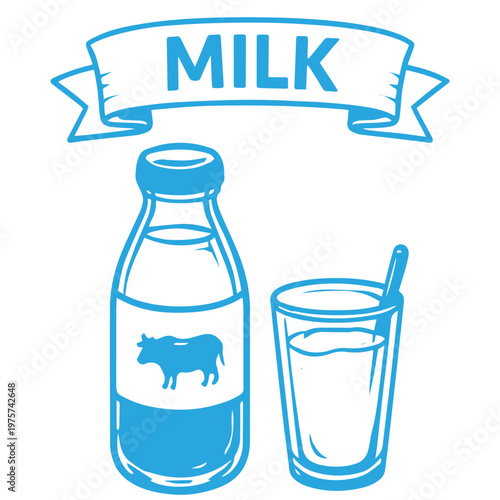 Milk bottle with cow label and glass dairy drink illustration
