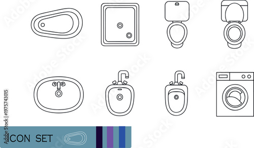 Print Bathroom Fixtures and Sanitary Ware Outline Icon Set