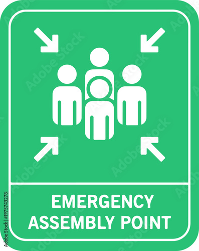 Emergency Assembly Point Sign Icon with People Figures and Arrows on Green Background