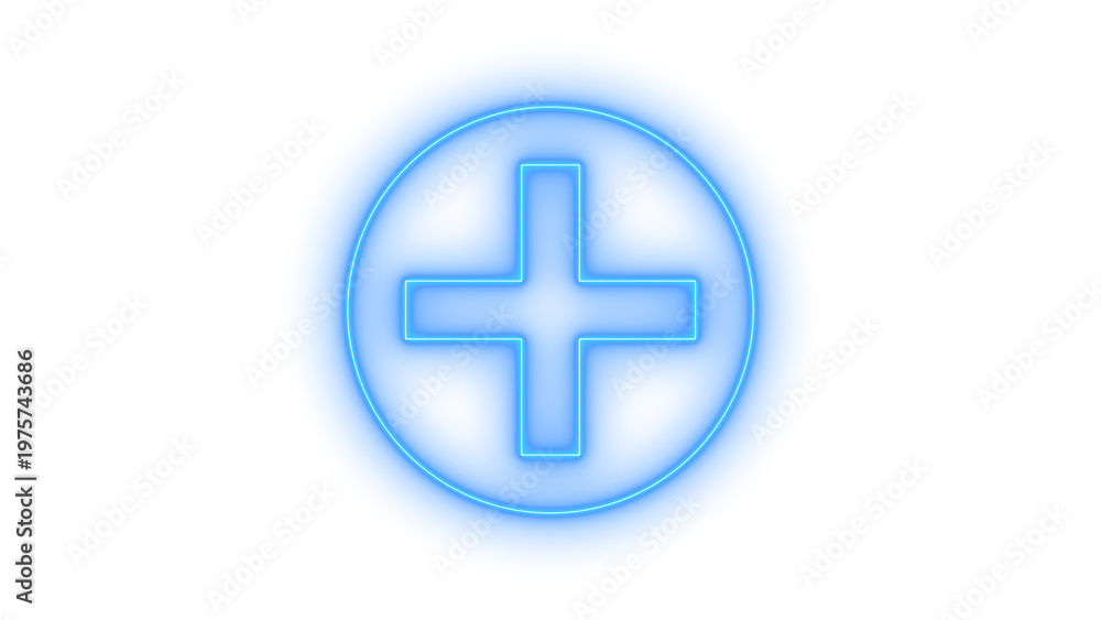 Fototapeta premium Blue neon plus sign in a glowing circular frame, representing positive action, addition, or new creation, isolated on transparent background.