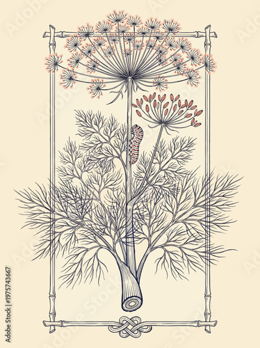 Vintage botanical illustration of wild carrot or Apiaceae plant with flowers and root