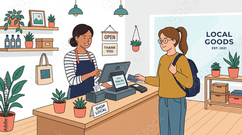 Illustration of small business transaction using POS machine at store counter.