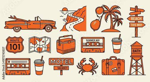 Summer beach travel vector icon set with car, motel, surfboard and tropical elements