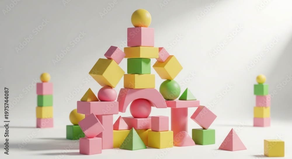 Fototapeta premium Tower of pastel colored building blocks and shapes with early childhood