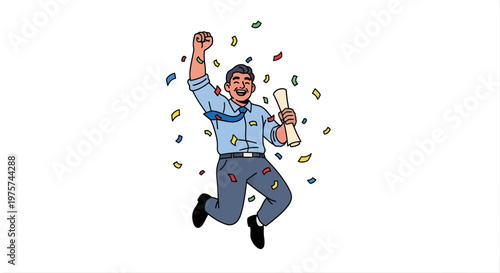 Jumping person celebrating achievement with confetti and diploma