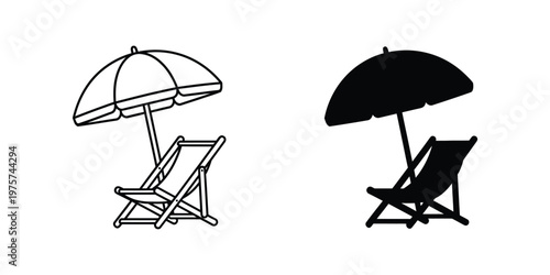 Beach umbrella and deck chair in outline and solid black silhouette set