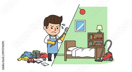 House cleaning conceptual illustration comparing messy and tidy room sections