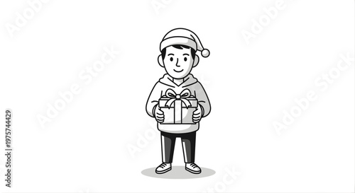 Person holding wrapped gift present with festive hat simple outline illustration