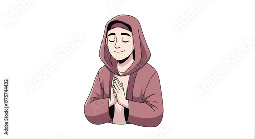 Person in hooded cloak with hands together in prayer on white background