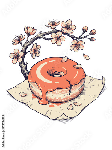 Japanese style illustration of a donut with cherry blossom background
