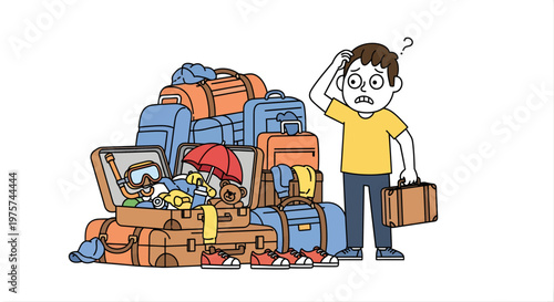 Person overwhelmed by luggage travel packing concept