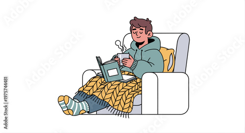Person relaxing in chair with book and beverage comfortable leisure activity illustration