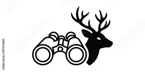Black and white of binoculars and a deer head silhouette set