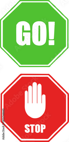 Set of Green Go and Red Stop Octagon Traffic Warning Signs with Hand Icon