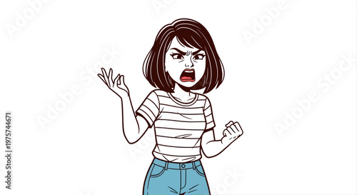 Woman expressing negative emotion anger illustration cartoon style isolated white background