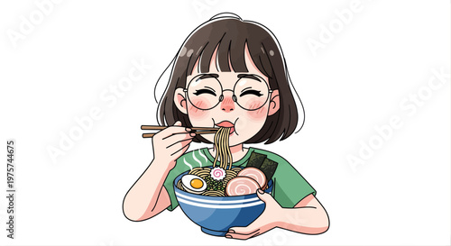 Woman enjoying ramen noodles with chopsticks bowl of food eating concept illustration