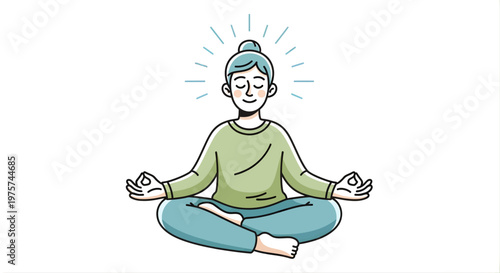Woman meditating illustration in lotus position with radiant light