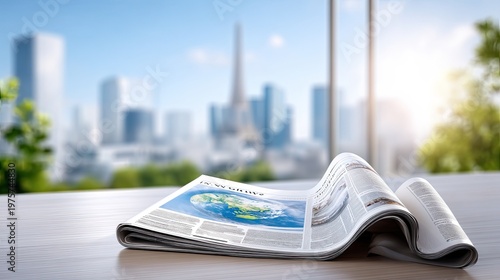 Open Newspaper on Table with Cityscape Background and Bright Sunlight Creating a Vibrant Atmosphere