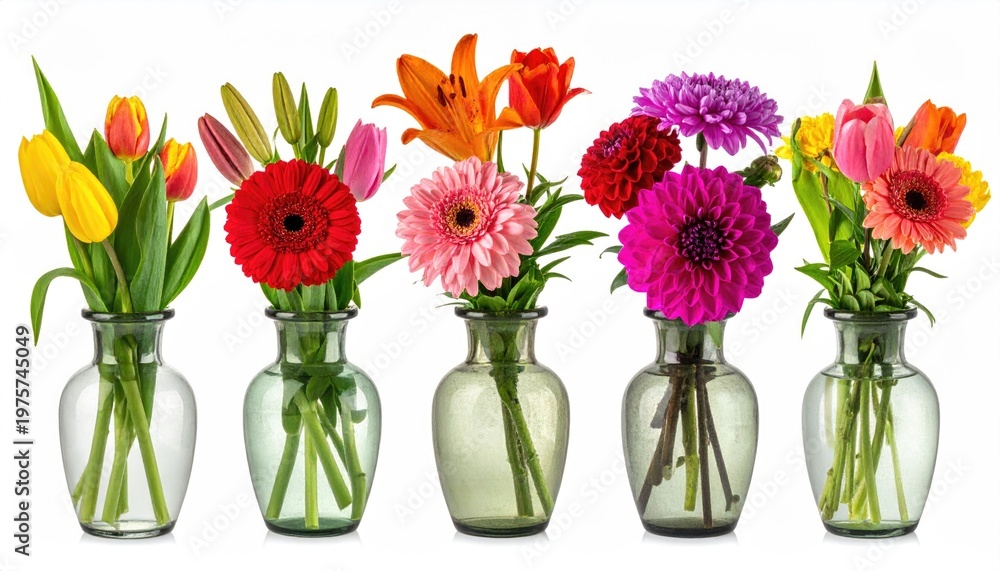 Obraz premium Set flower tulip, gerbera, lily, aster, dahlia bouquet in a vase isolated on white background