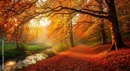 Autumn forest path beside flowing river