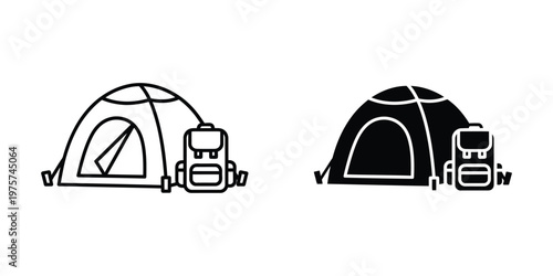 Camping tent and backpack outline and solid black set