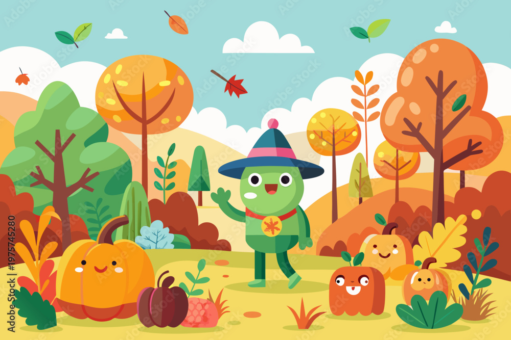 Naklejka premium Cartoon Autumn Fall Season Leaf Tree Pumpkin Character Vector Illustration Isolated Colorful Set 